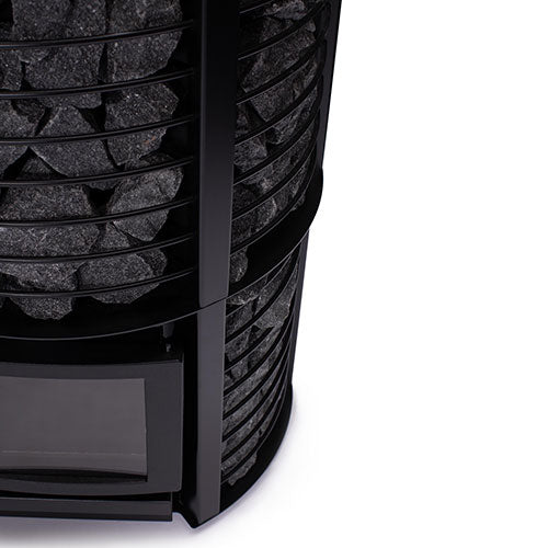 Narvi Inari sauna stove with black metal frame filled with sauna stones close-up