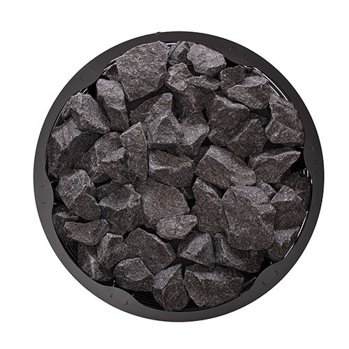 Top view of Narvi Inari sauna stove filled with black sauna stones in a round metal frame