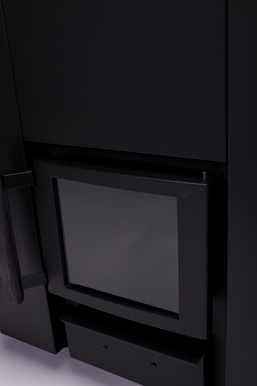 Close-up of the Narvi Kaamos 20 wood sauna stove showing the glass front and sleek black design