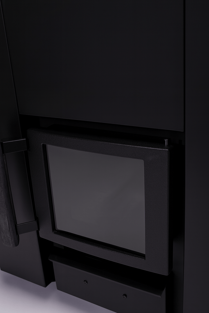 Close-up of the Narvi Kaamos 20 wood sauna stove showing the glass front and sleek black design