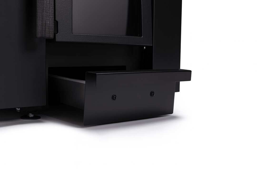 Narvi Kaamos 20 wood sauna stove with an elegant design featuring a pull-out ash drawer