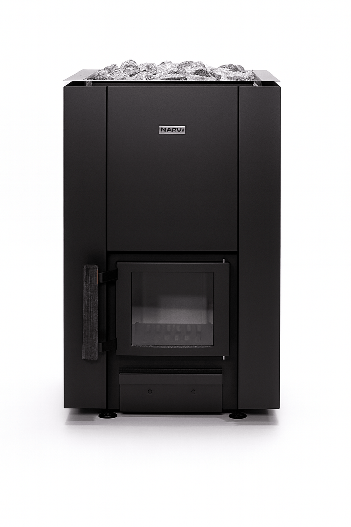 Narvi Kaamos 20 wood sauna stove in black with glass door and stone heater top for authentic sauna experience