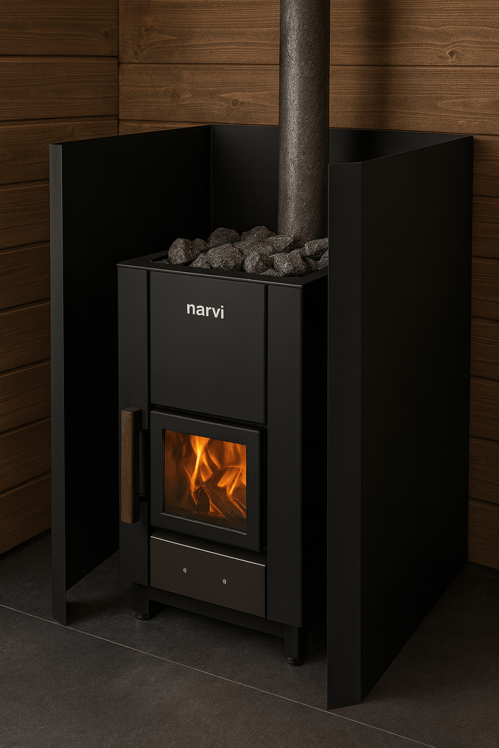 Narvi Kuru safety wall set for wood-burning stove with sleek black design and stone accents