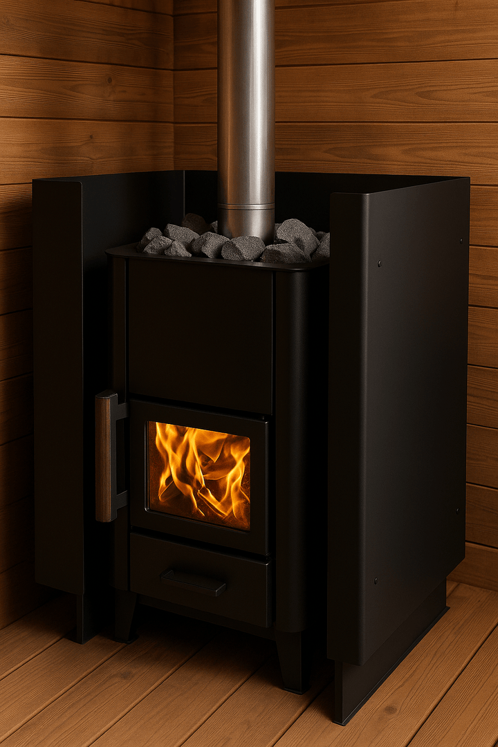 Narvi Kuru safety wall set with black wood stove and flames for home sauna installations