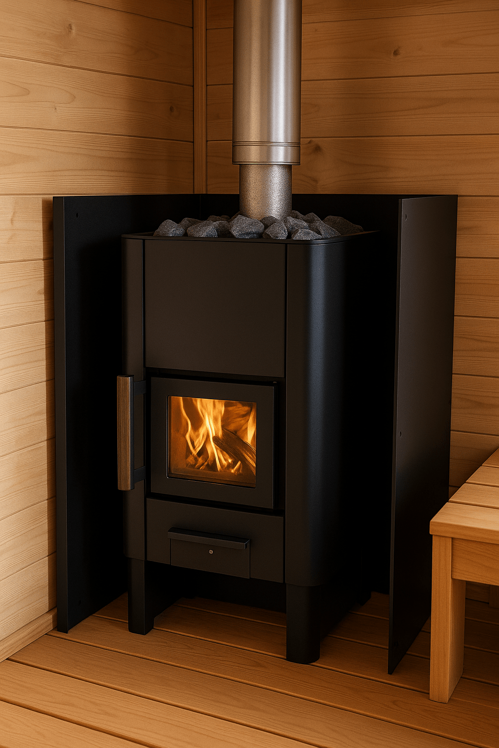 Narvi Kuru safety wall set for wood-burning stoves, featuring sleek design and heat protection