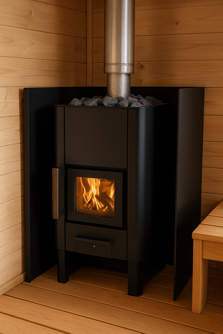Narvi Kuru safety wall set for wood-burning stoves, featuring sleek design and heat protection