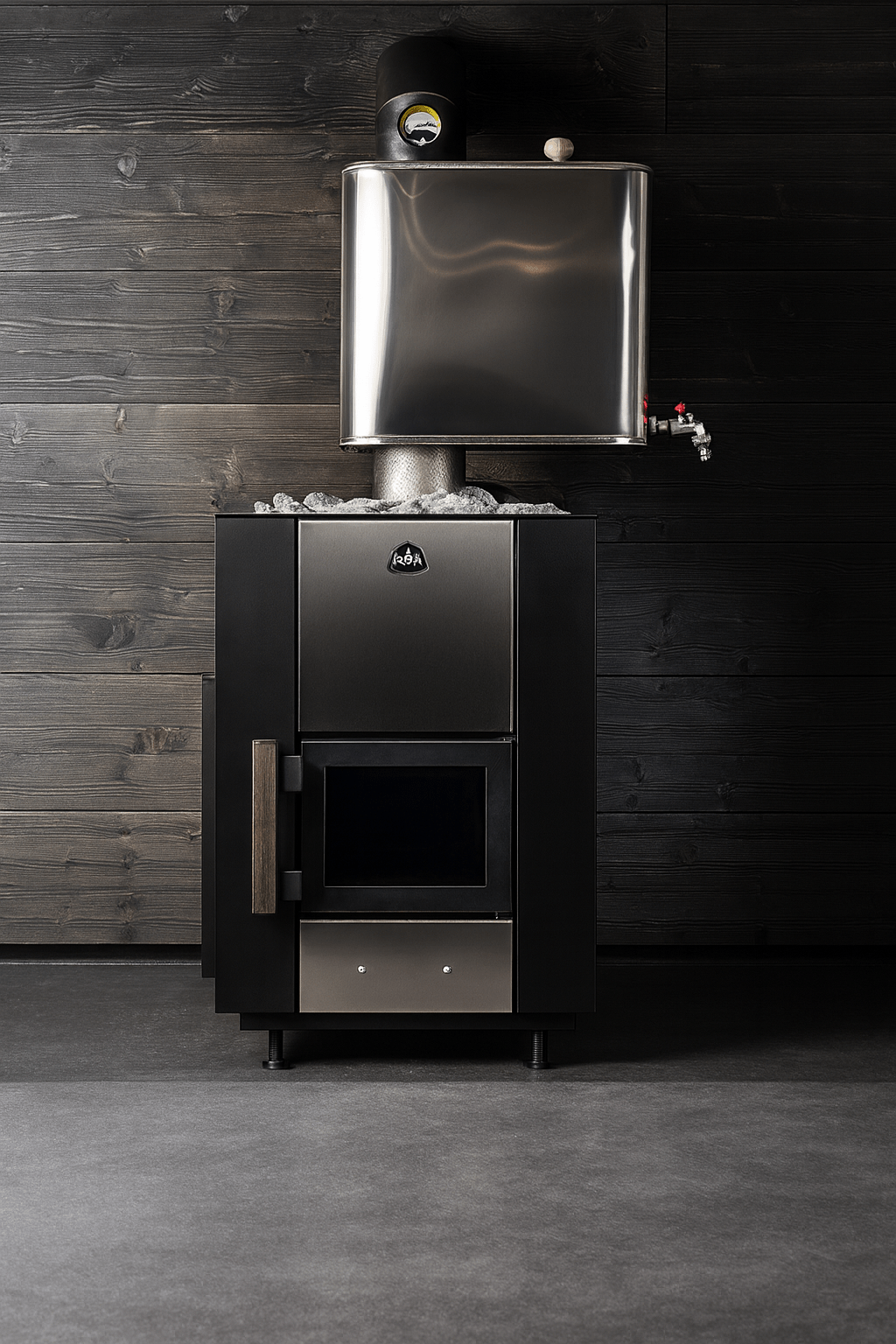 Narvi Kuru wood-burning sauna stove with stainless steel water tank and sleek black design