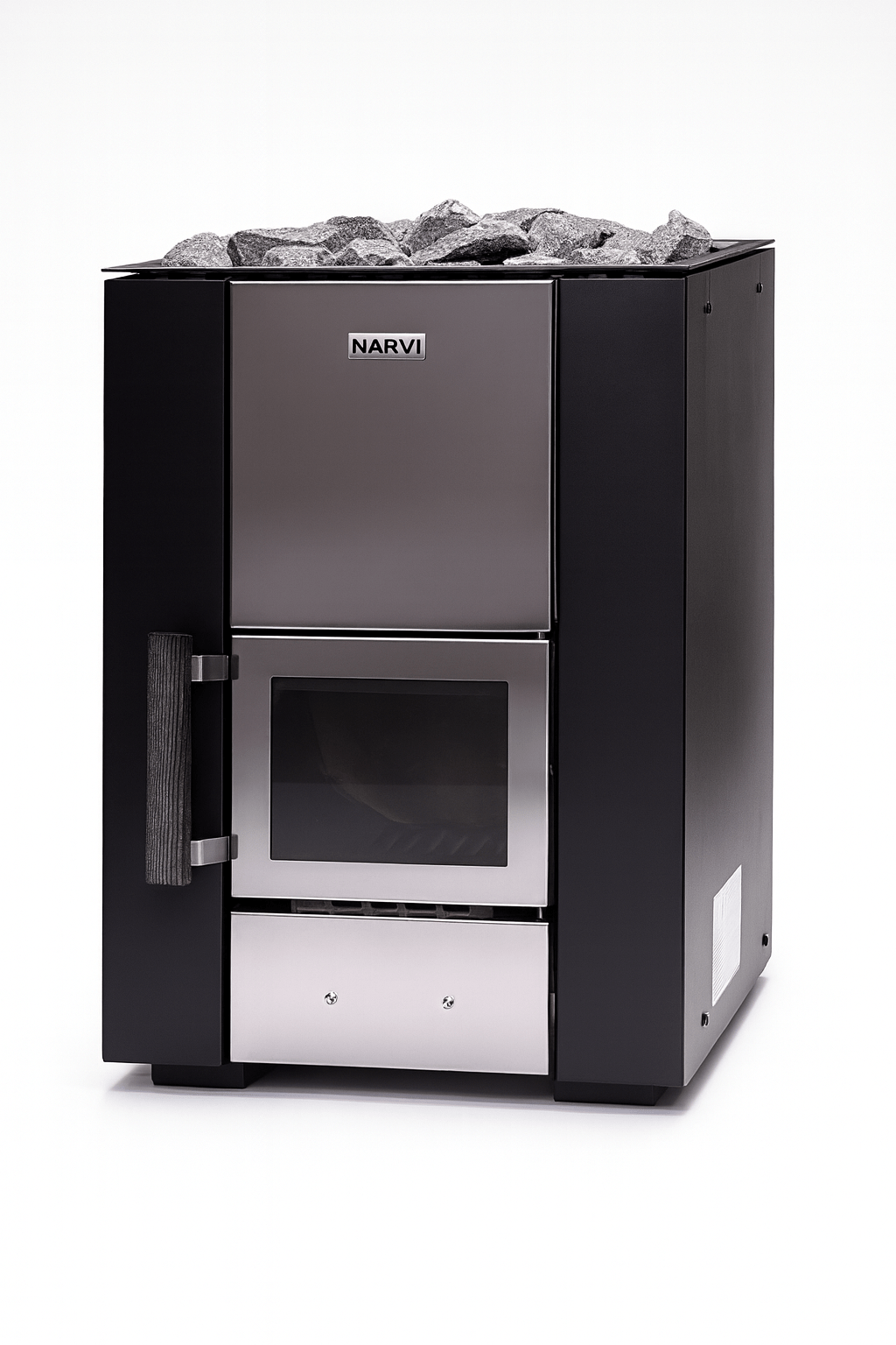 Narvi Kuru wood-burning sauna stove featuring a sleek design with stone and stainless steel elements