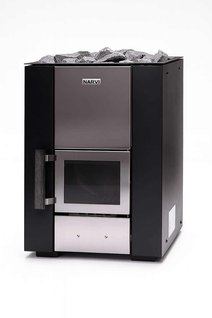 Narvi Kuru wood-burning sauna stove featuring a sleek design with stone and stainless steel elements