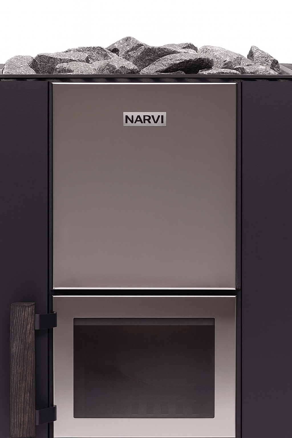 Narvi Kuru wood-burning sauna stove with stainless steel finish and stone holder for optimal heating