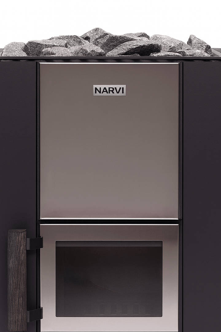 Narvi Kuru wood-burning sauna stove with stainless steel finish and stone holder for optimal heating