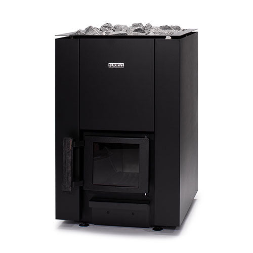 Narvi Kaamos 20 wood sauna stove black freestanding wood burning heater with top sauna stones and glass door