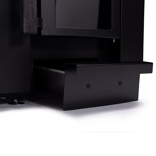 Close up of ash drawer and lower door on black Narvi Kaamos 20 wood sauna stove showing steel finish