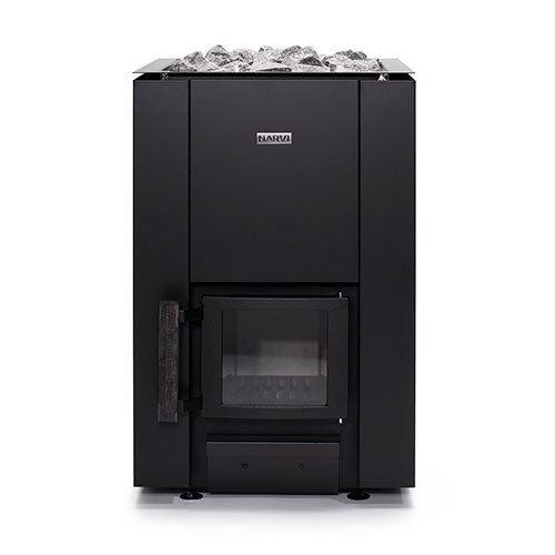 Narvi Kaamos 20 wood sauna stove black freestanding wood burning heater with glass door and top stones