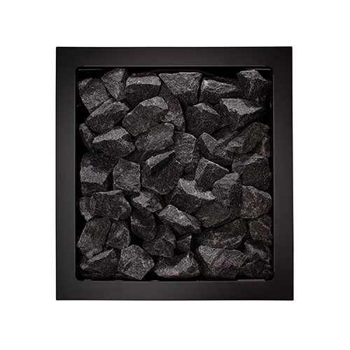 Narvi Kaamos 20 wood sauna stove top view showing black steel firebox filled with dark sauna stones