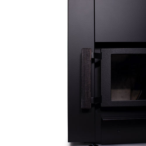Narvi Kaamos 20 wood sauna stove close up of black metal door with glass window and wooden handle