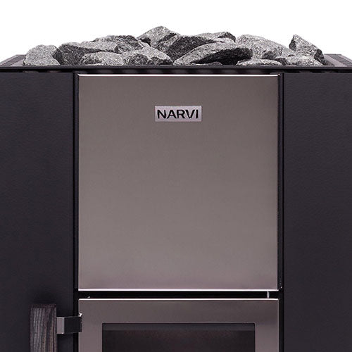 Narvi Kuru wood-burning sauna stove front with stainless steel door black casing and sauna stones
