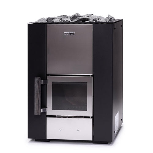 Narvi Kuru wood-burning sauna stove black steel with glass door wooden handle and sauna stones on top