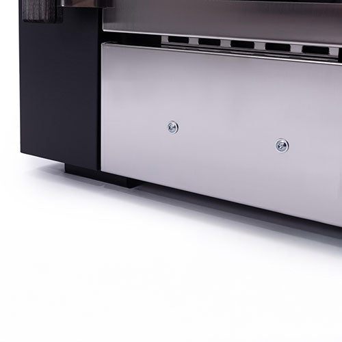 Narvi Kuru wood-burning sauna stove stainless steel ash drawer and black casing close up view