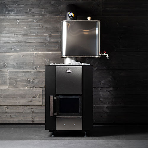 Narvi Kuru wood-burning sauna stove black freestanding model with stainless water tank and sauna stones