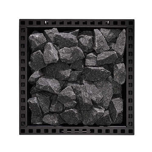 Top view of Narvi Kuru wood-burning sauna stove stone compartment with dark sauna stones in black frame