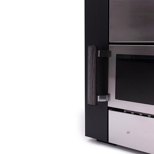 Close up of Narvi Kuru wood-burning sauna stove front corner showing stainless steel door and wooden handle
