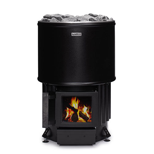 Narvi Luosto wood-burning sauna stove in black with visible fire through glass door and stone top