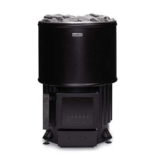 Narvi Luosto wood-burning sauna stove in black cast iron with stone-filled top and glass door