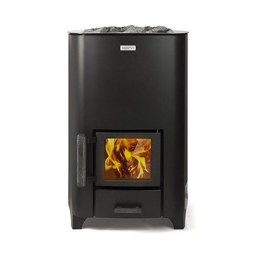 Narvi NC black wood-burning sauna stove with glass door showing fire and stones on top in matte black finish
