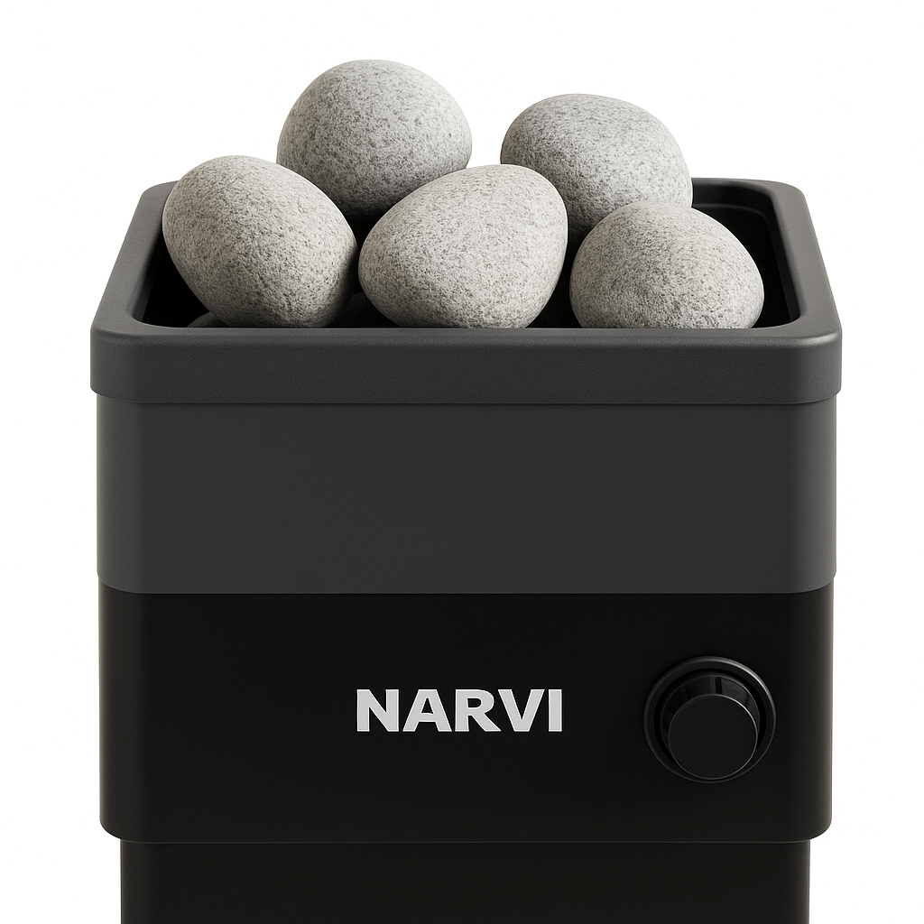 Narvi round sauna stones arranged in a sleek black sauna heater for enhanced steam experience