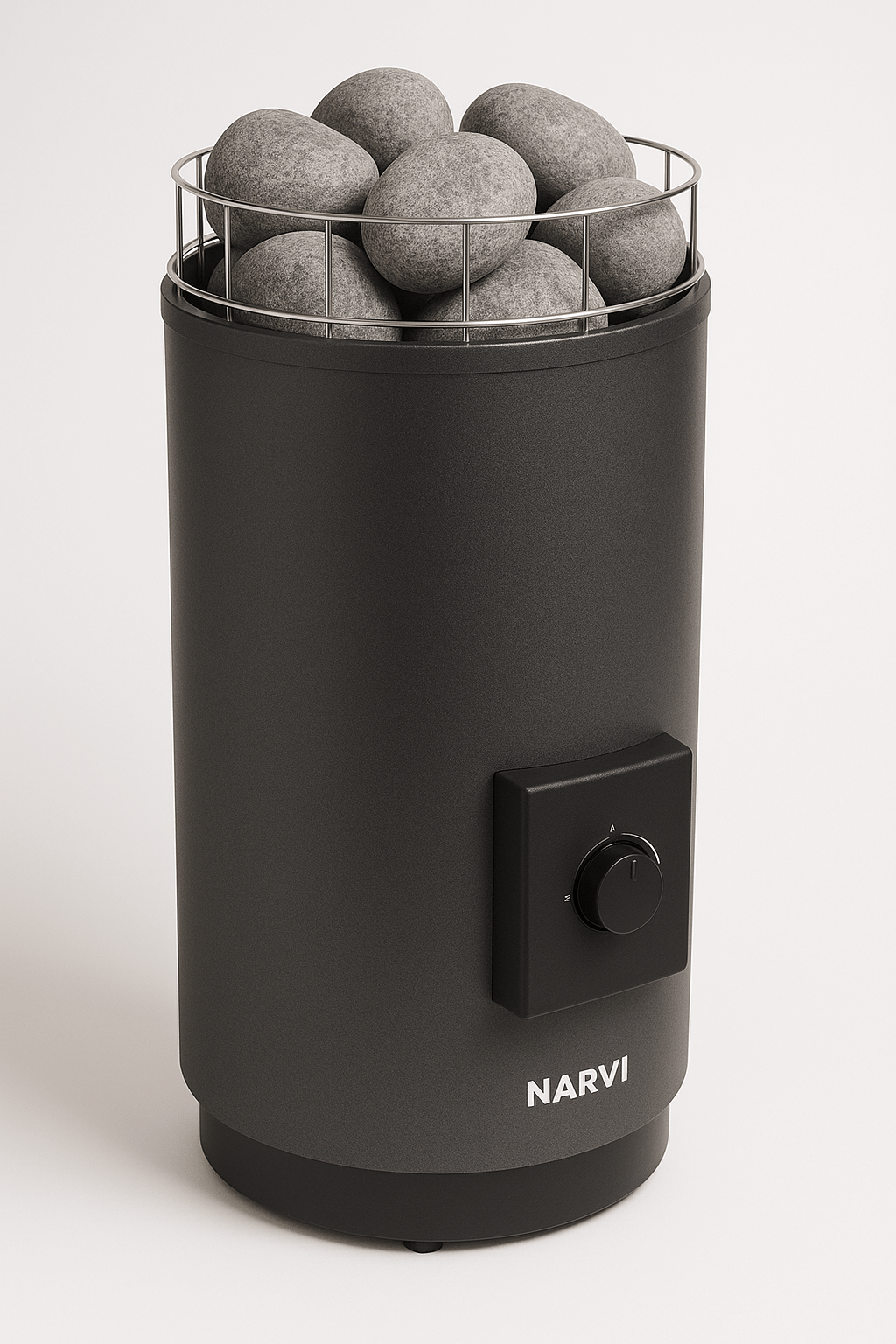 Narvi round sauna stones in a black sauna heater for optimal heat retention and steam generation