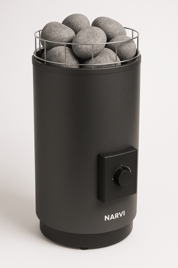 Narvi round sauna stones in a black sauna heater for optimal heat retention and steam generation