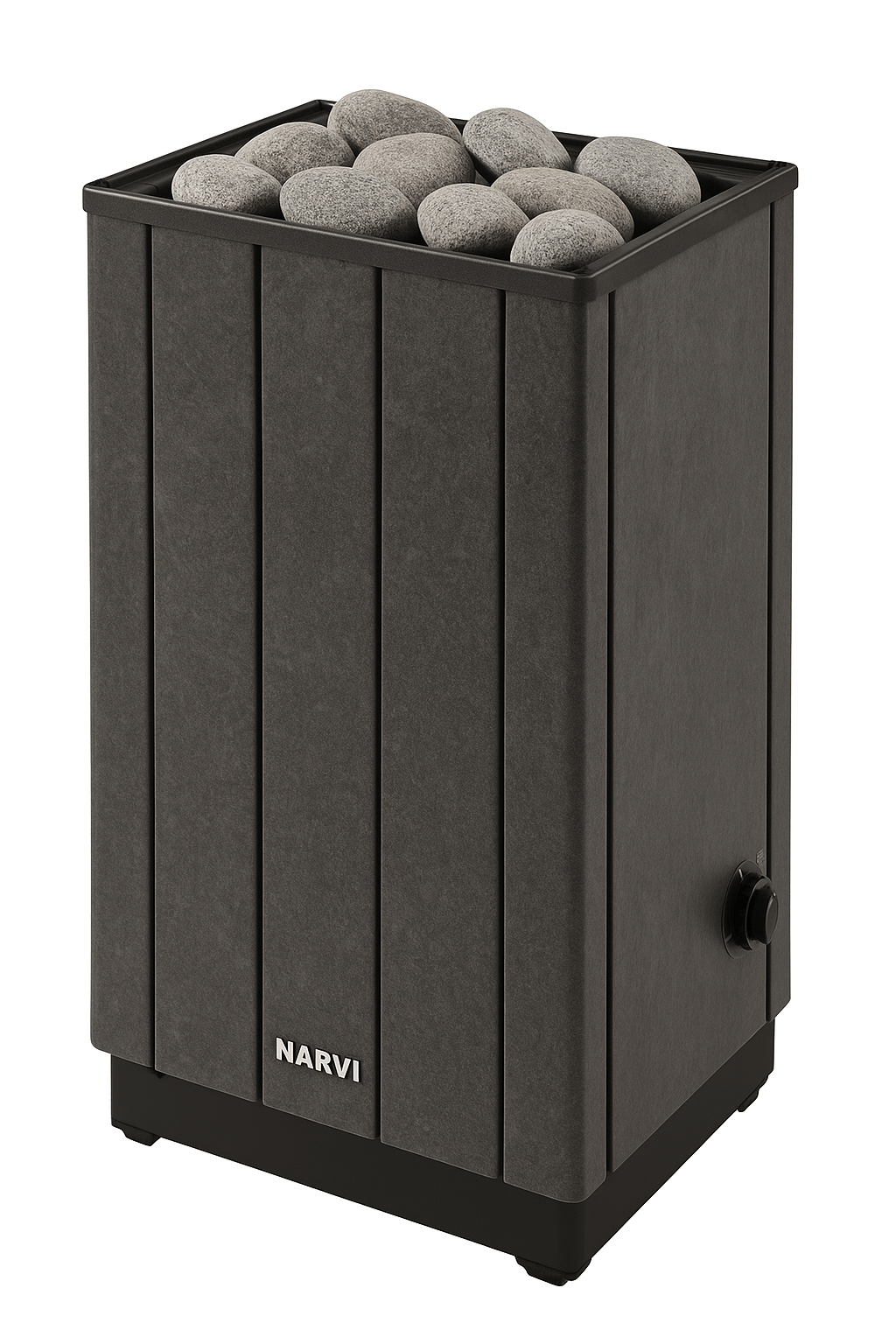 Narvi round sauna stones placed on top of a sleek sauna heater for optimum heat retention