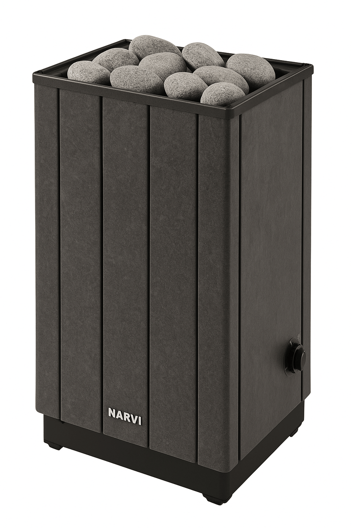 Narvi round sauna stones placed on top of a sleek sauna heater for optimum heat retention
