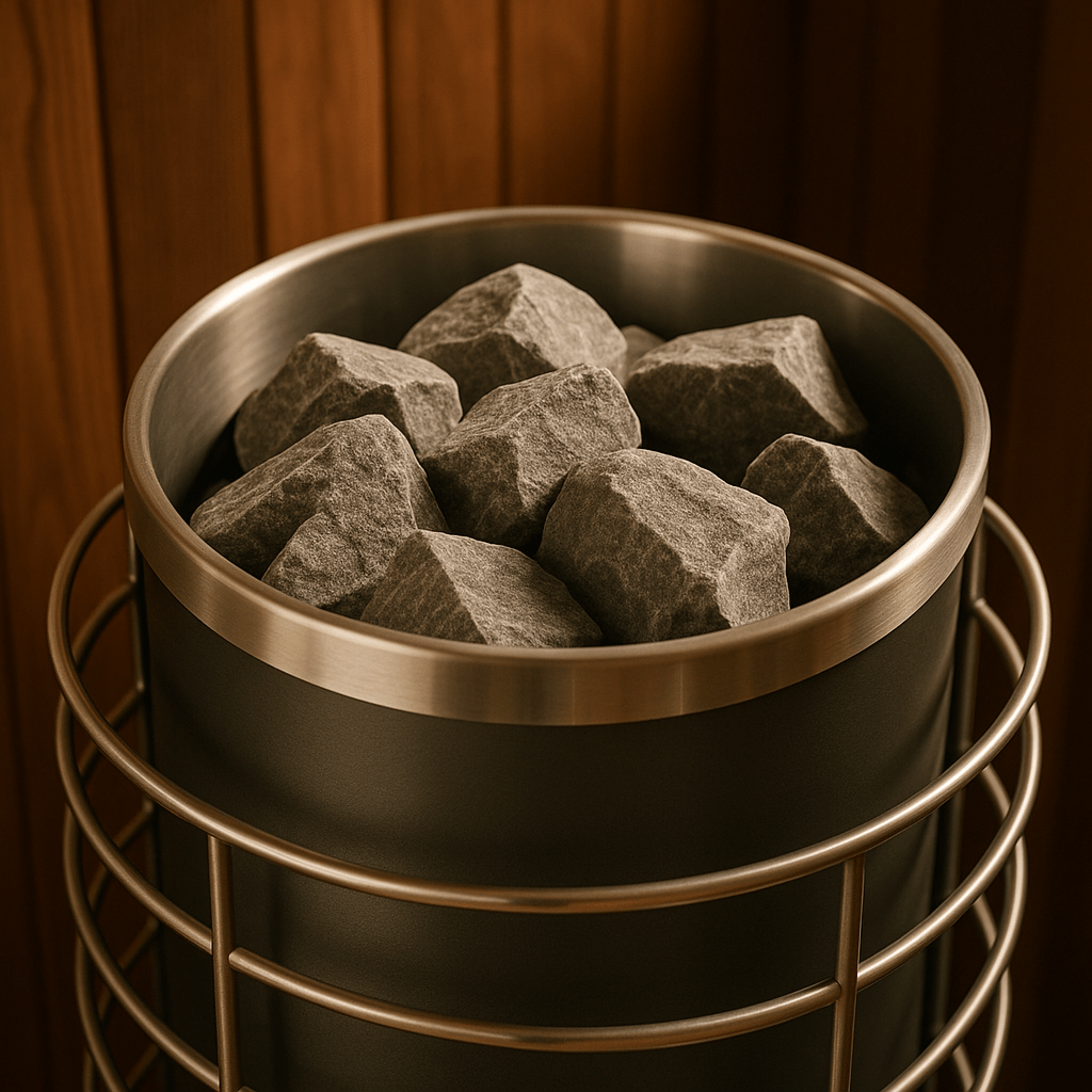 Narvi split-face sauna stones 44 lb displayed in a sleek sauna heater for optimal heat retention