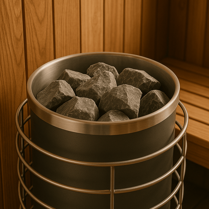 Narvi split-face sauna stones 44 lb in a sauna heater for optimal heat retention
