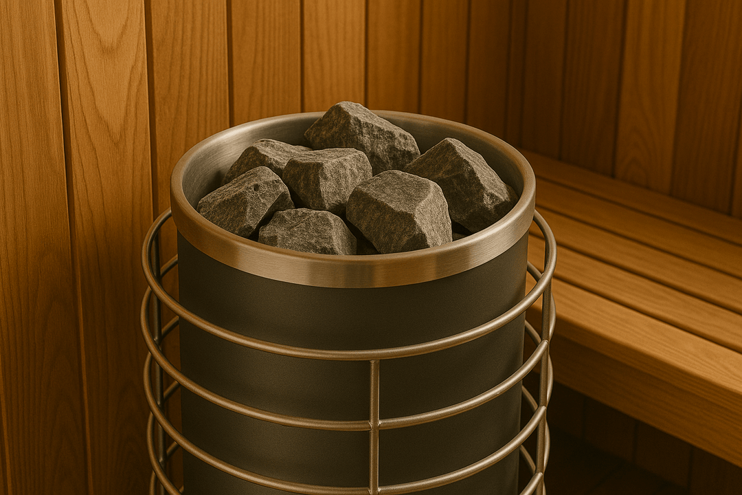 Narvi split-face sauna stones 44 lb in a sauna heater ready for optimal steam and relaxation
