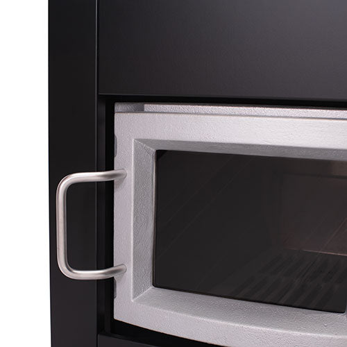 Narvi wood burning sauna stove door with heat-resistant glass and metal handle close-up