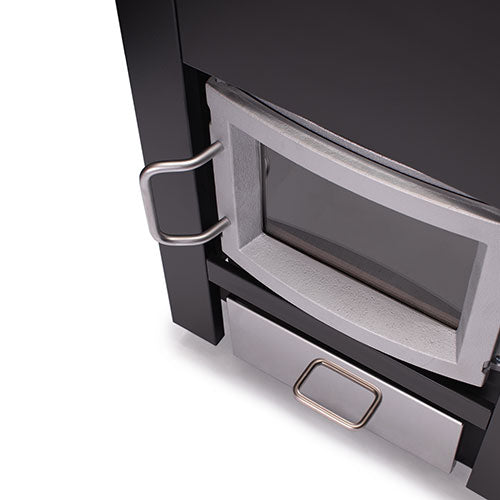Narvi wood burning sauna stove close-up of metal door and handle in black and silver finish
