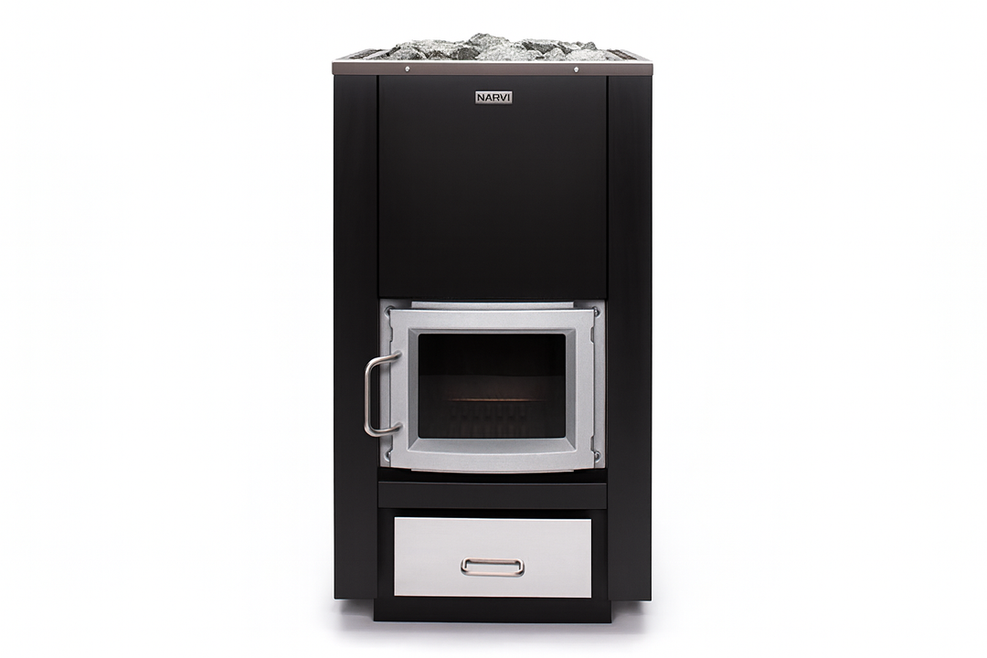 Narvi wood burning sauna stove black freestanding heater with front firebox door and top stones