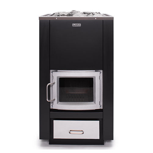 Narvi wood burning sauna stove with black body and silver door for heating sauna stones