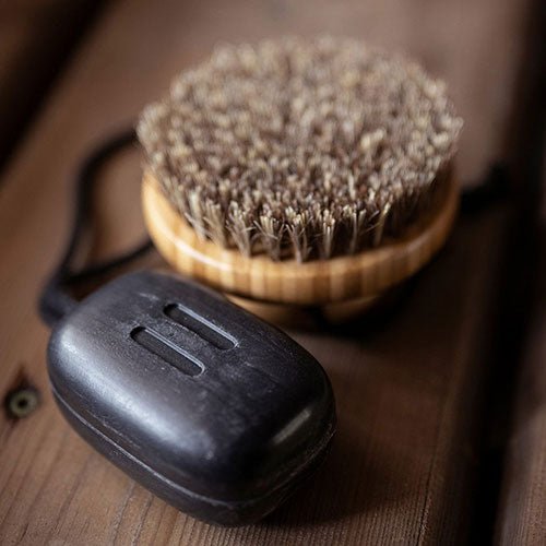 Rento natural body brush for sauna with a wooden handle and soft bristles for effective skin exfoliation