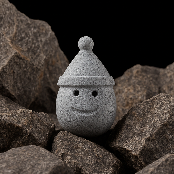 Hukka sauna elf stone decoration gray smiling stone elf with hat and eye holes set among sauna rocks