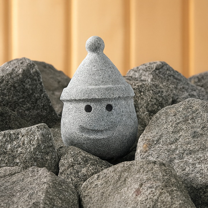 Hukka sauna elf stone decoration carved gray smiling elf figure with hat nestled among sauna stones