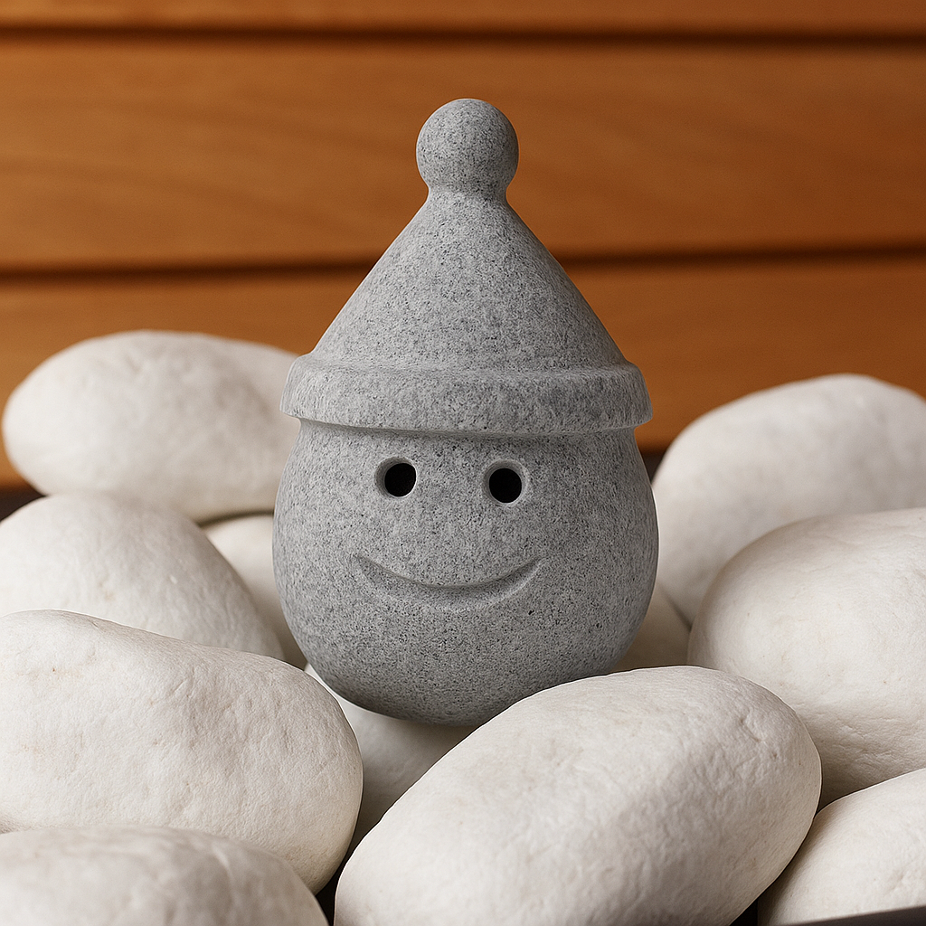 Hukka sauna elf stone decoration gray smiling stone elf with hat on white sauna stones and wooden bench background