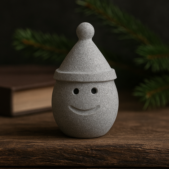 Hukka grey smiling stone elf with pointed hat on wooden table sauna elf stone decoration accessory for sauna use