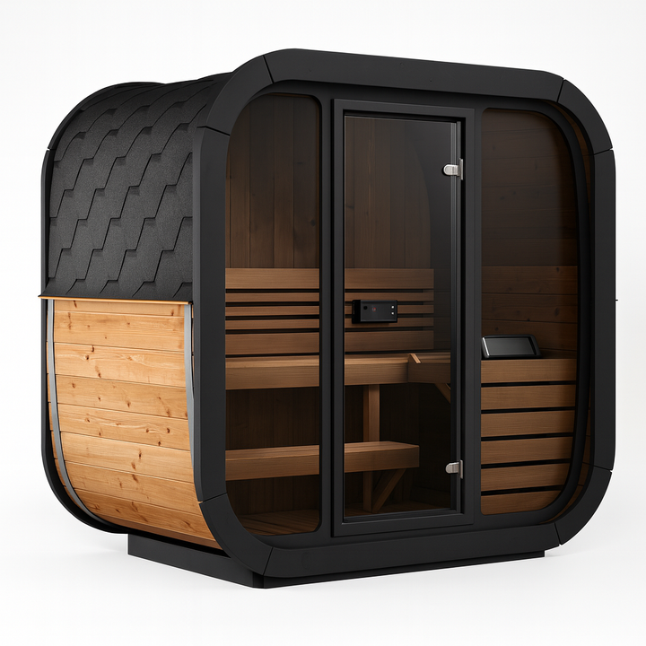 SaunaLife traditional cedar barrel sauna with glass door and interior benches outdoor home sauna kit