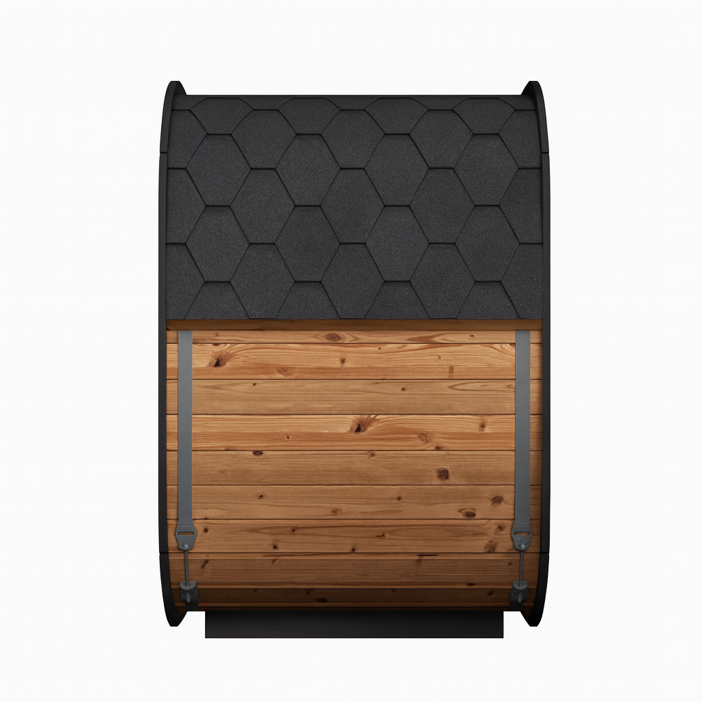 SaunaLife traditional barrel outdoor home sauna kit in cedar with dark shingled roof and metal bands