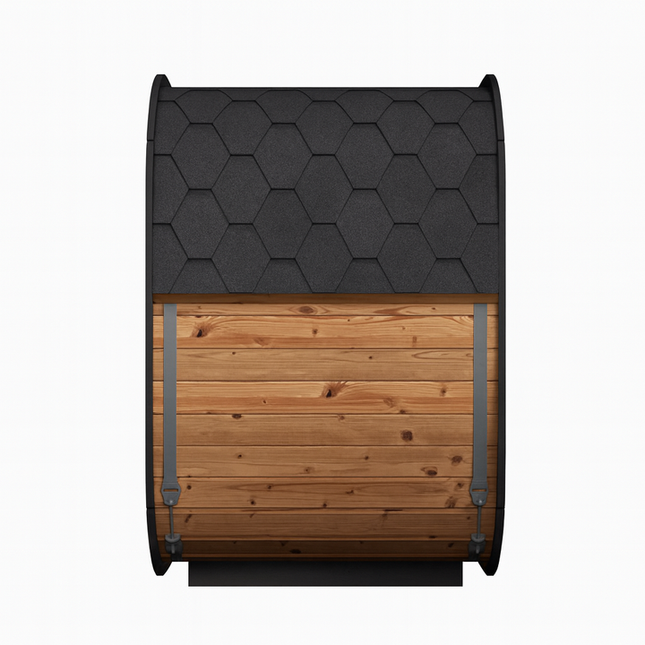 SaunaLife traditional barrel outdoor home sauna kit in cedar with dark shingled roof and metal bands