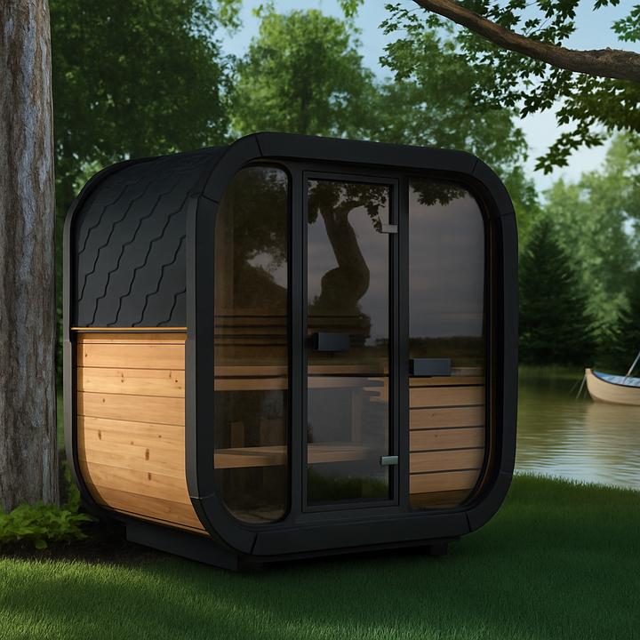 SaunaLife outdoor home sauna kit modern rounded wood and black glass cabin by a lake with benches